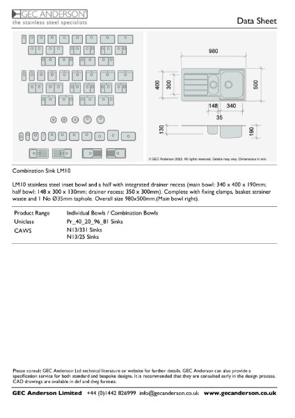 GEC Anderson Data Sheet - Sink Bowl: LM10 R