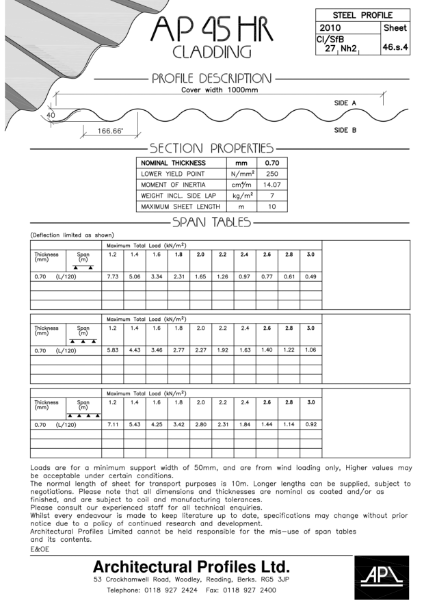 AP45HR - Steel - Cladding Data Sheet