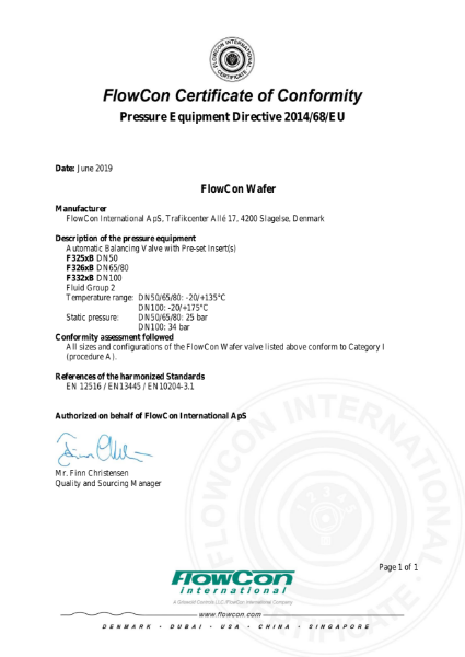 FlowCon Wafer ABV PED Certificate