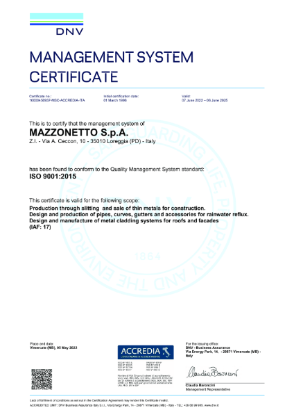 Mazzonetto ISO9001 certificate to 2025