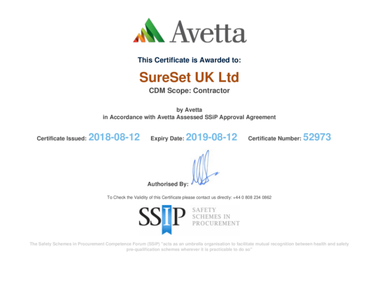 Avetta SSIP Contractor Certificate 2018 - 2019