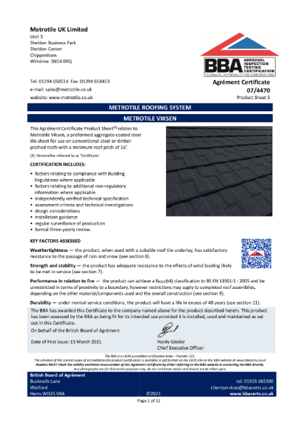 Metrotile Viksen BBA Certificate