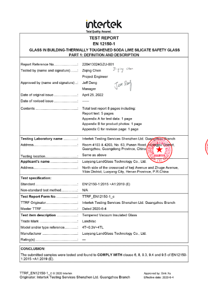 Intertek BS12150 Test Report - Vacuum Glazing
