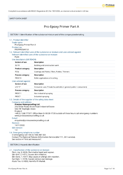 Material Safety Data Sheet - Proteus Pro-Epoxy Primer (Part A)