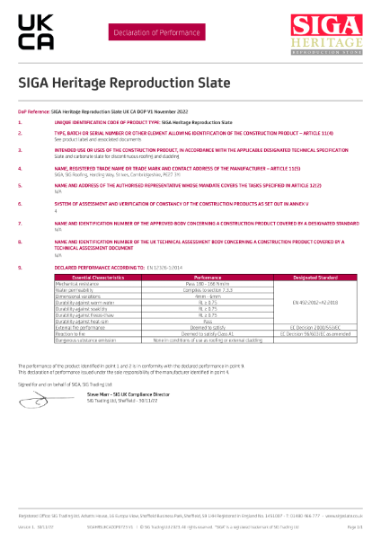 Declaration of Performance - SIGA Heritage Reproduction Slate