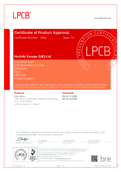 Certificate of Product Approval - EN 54-17 and EN54-18 | Products: CHQ SCI Range