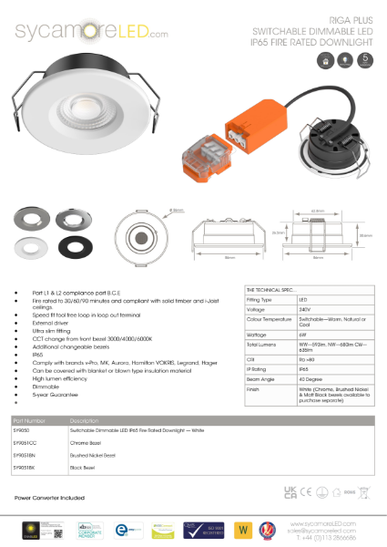 Specification Sheet for Riga Plus Switchable Dimmable IP65 fire Rated Downlight