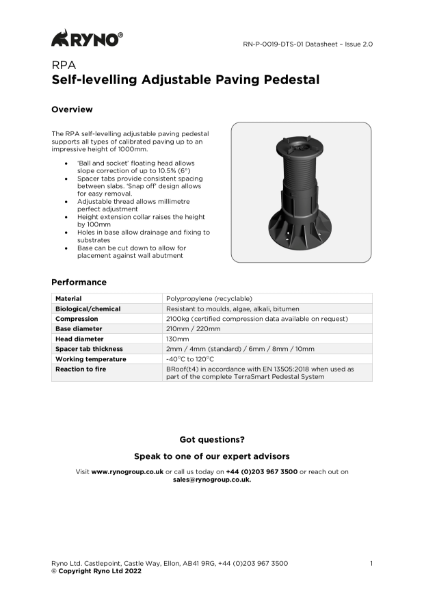 RPA Paving Pedestal - Datasheet