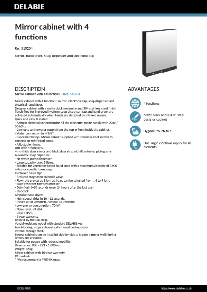 Mirror cabinet with 4 functions Product Data Sheet - Ref. 510204