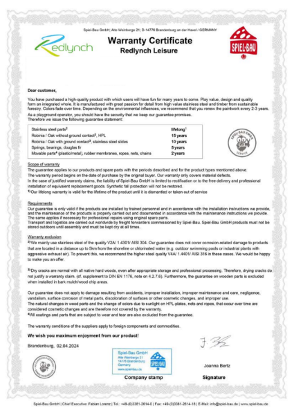 Spiel Bau Warranty Certificate