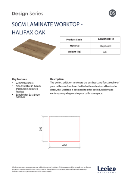 Zara 50 cm Width 22 mm Worktop - Halifax Ok