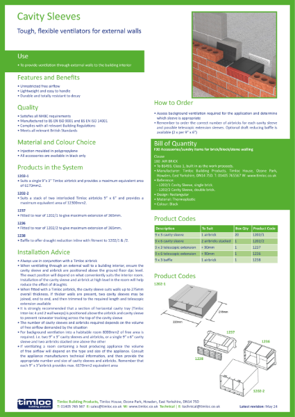 Timloc Building Products Cavity Sleeves Datasheet