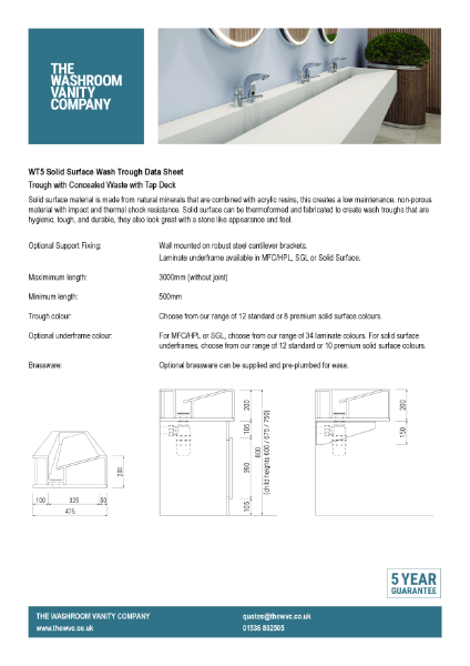 Solid Surface Sloping Wash Trough With Concealed Waste And Tap Deck – WT5