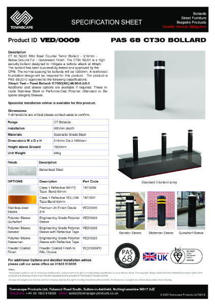 PAS 68 Bollard CT30 Specification Sheet VED0009