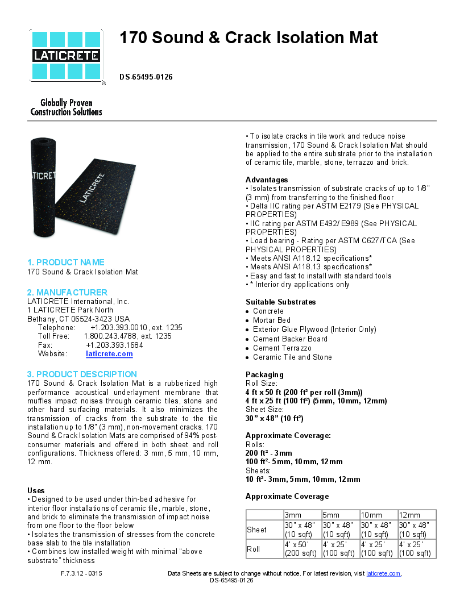 170 Sound & Crack Isolation Mat Product Datasheet