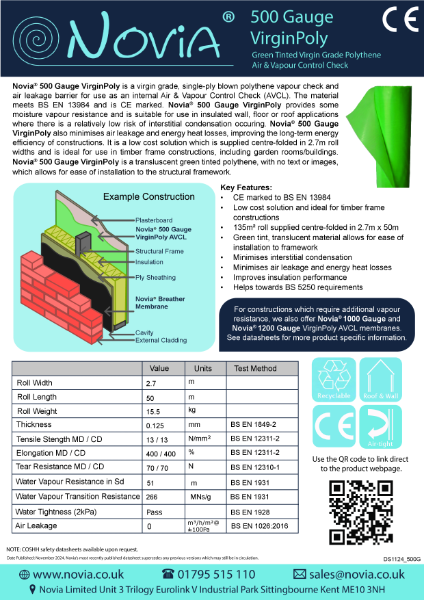 Novia 500 Gauge VirginPoly Vapour Control Layer Polythene Datasheet