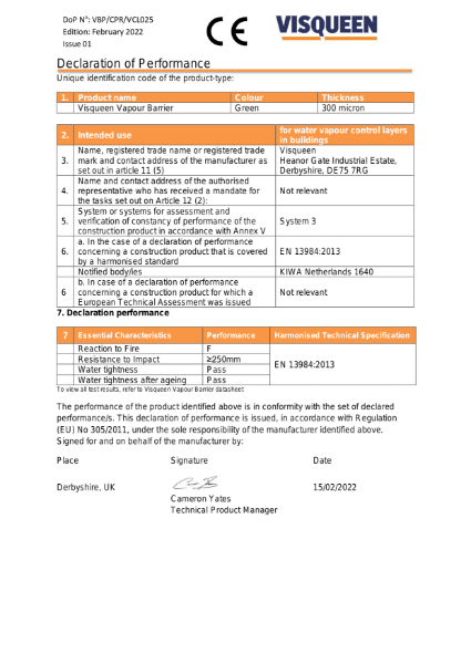 Visqueen Vapour Barrier Declaration of Performance CE