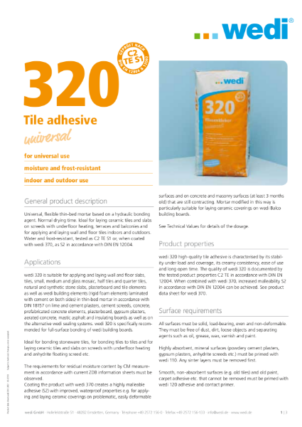 wedi 320 Universal Tile Adhesive  TDS