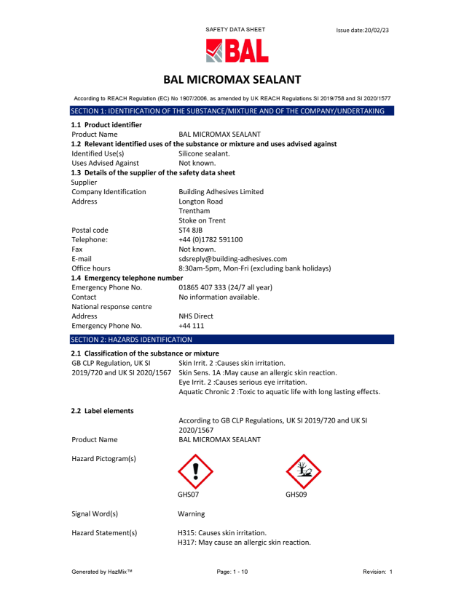 BAL Micromax Sealant Material Safety Datasheet