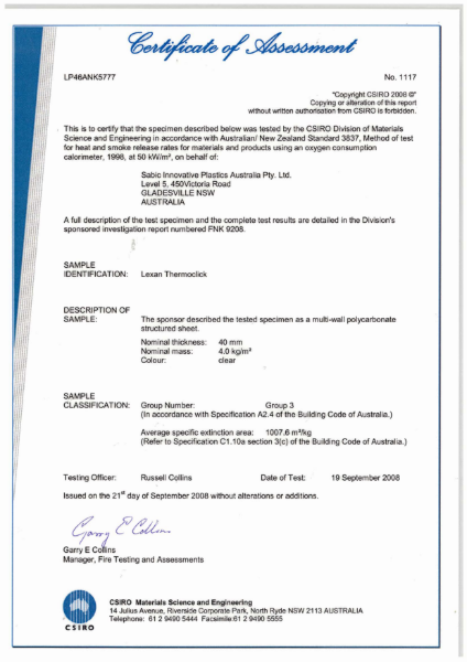 AS/NZS 3837 Certificate of Assessment for Lexan Thermoclick