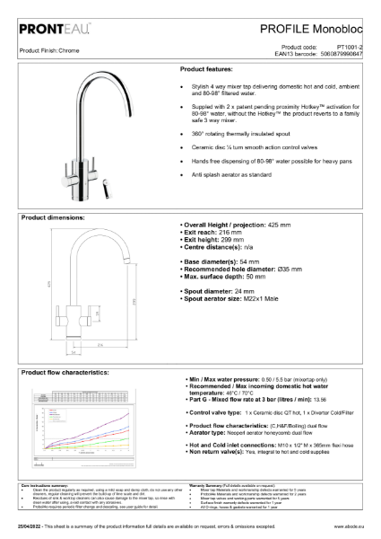 PT1001-2 Pronteau Profile Monobloc (Chrome), 4 IN 1 Steaming Hot Water Tap - Consumer Spec