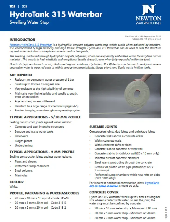 Newton HydroTank 315 Waterbar - Technical Data Sheet