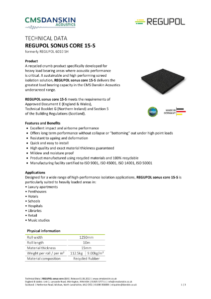 REGUPOL SONUS CORE 15-S - Technical Data Sheet