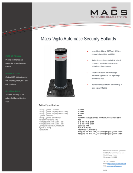 Macs Vigilo Automatic Bollard Data Sheet