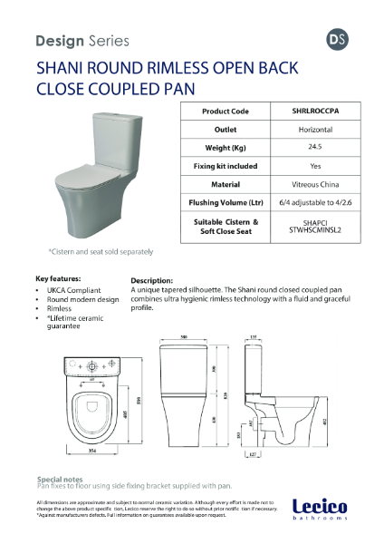 Shani Round Rimless Open Back Close Coupled Pan