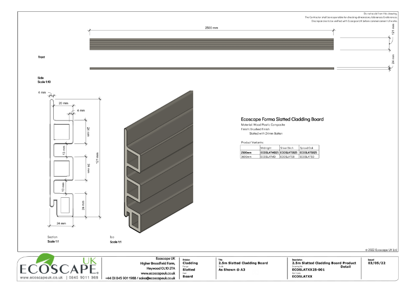 Ecoscape UK 2500 x 121 x 24mm Forma Slatted Cladding Product Detail Drawing