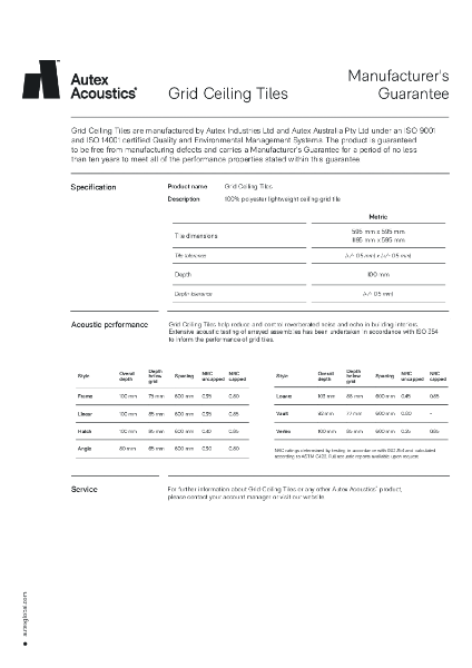 Grid Ceiling Tiles Manufacturer's Guarantee