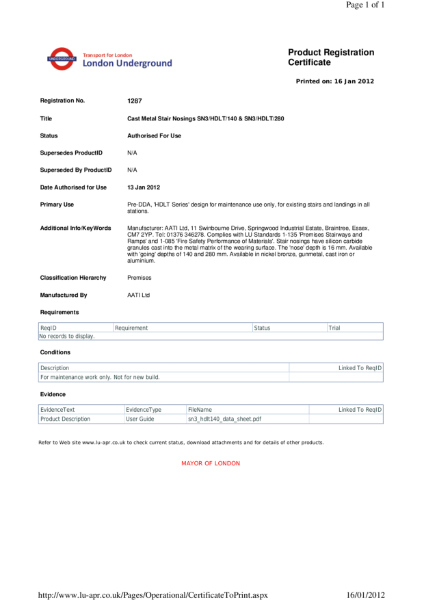 AATi certificate for product ref: SN3/HDLT/140 & SN3/HDLT/280