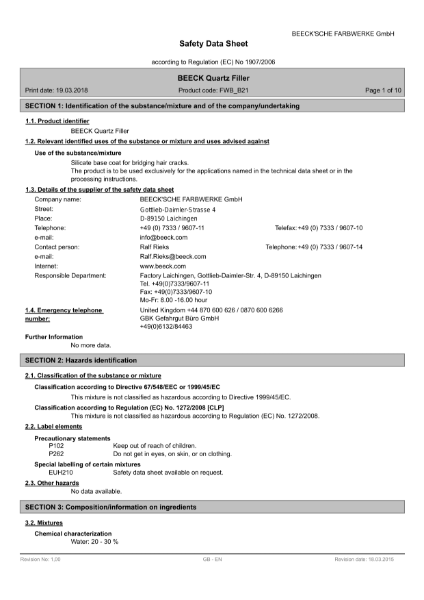 Beeck Quartz Filler - Safety Data Sheet