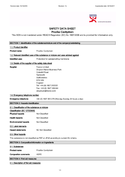 Proofex Cavitydrain Safety Datasheet