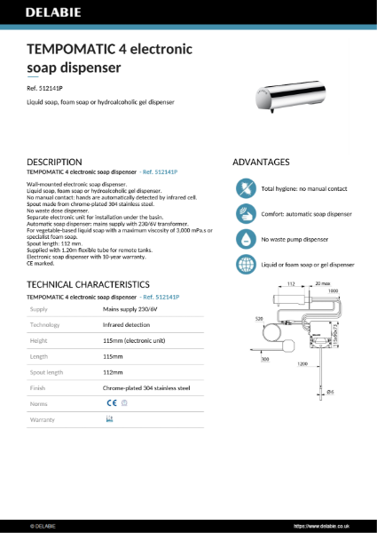 TEMPOMATIC 4 electronic soap dispenser Data Sheet – 512141P