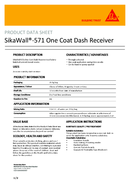 SikaWall 571 One Coat Dash Receiver Product Data Sheet