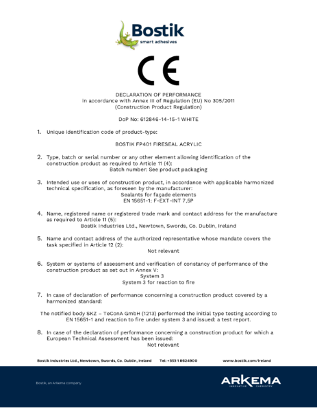 Bostik FP401 CE Declaration of Performance