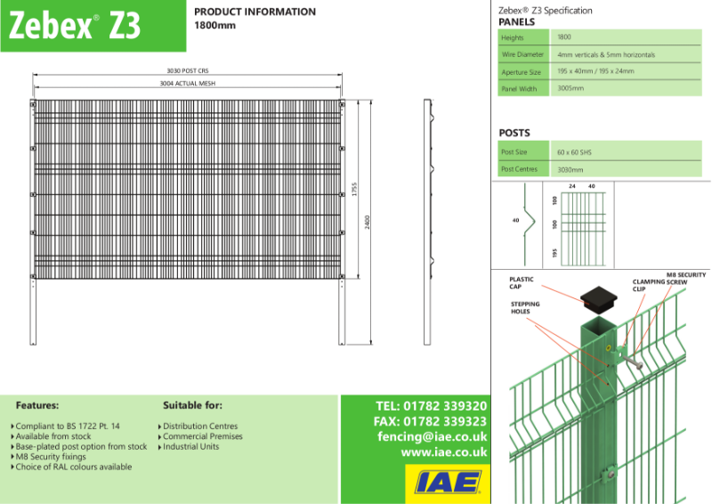 IAE Zebex 1800H Perimeter Fence Specification Sheet