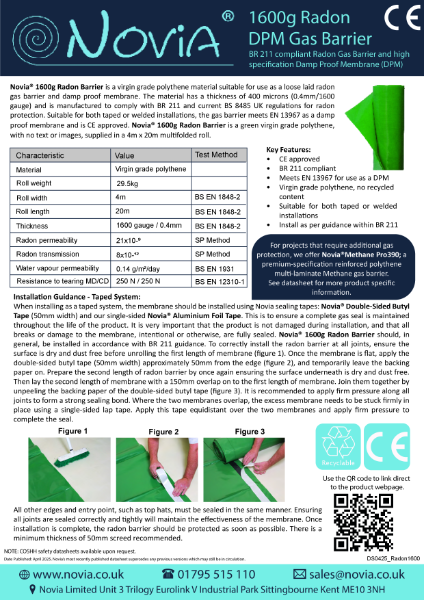 Novia 1600G Radon Gas Barrier Datasheet