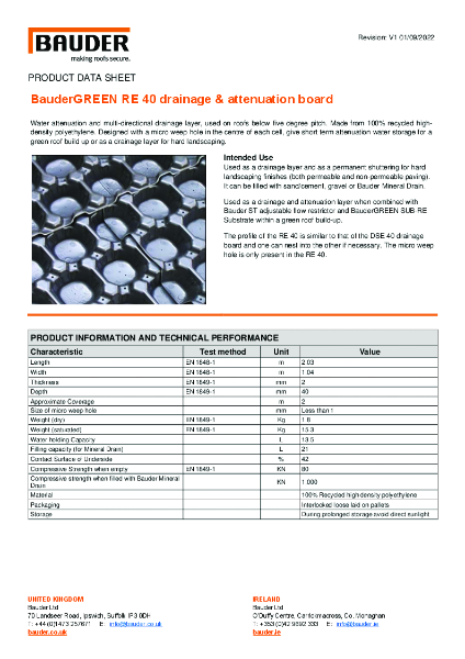 BauderGREEN RE 40 Drainage & Attenuation Board - Product Data Sheet
