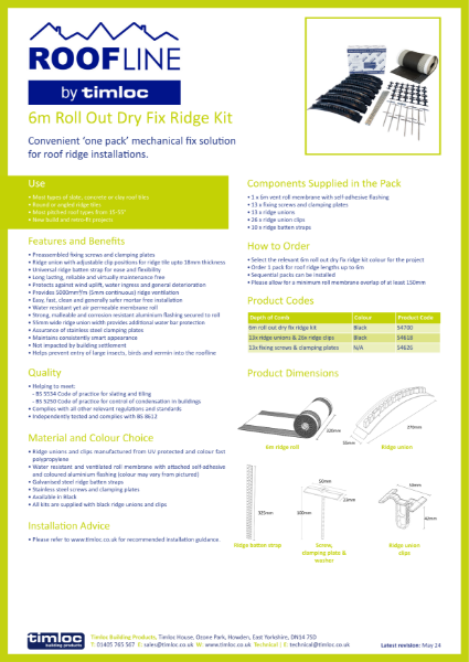 Timloc Building Products 6M Roll Out Dry Fix Ridge Kit Datasheet