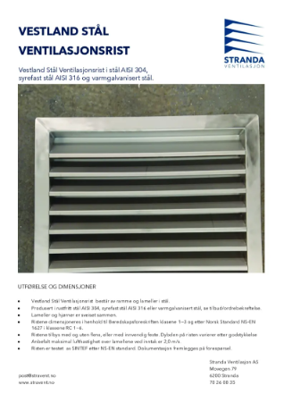Vestland Stål Ventilasjonsrist Produktark