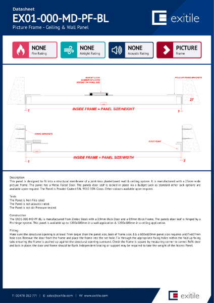 Datasheet - Slimfit Metal Access Panel- Non Fire Rated - Picture Frame