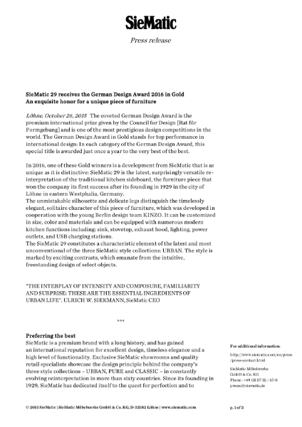 SieMatic 29 receives the German Design Award 2016 in Gold - an exquisite honor for a unique piece of furniture