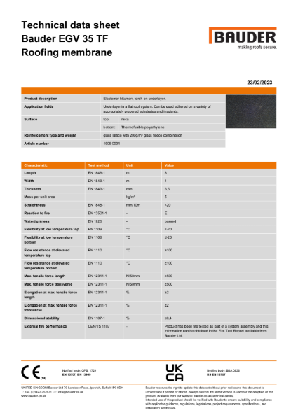 Bauder EGV 35 TF Roofing membrane - Technical Data Sheet