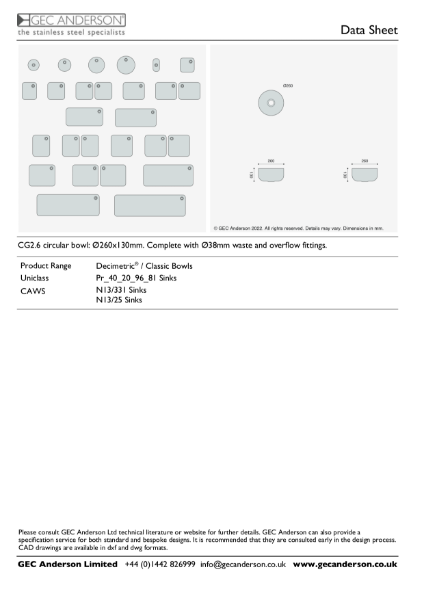 GEC Anderson Data Sheet - CG2.6 Circular Bowl