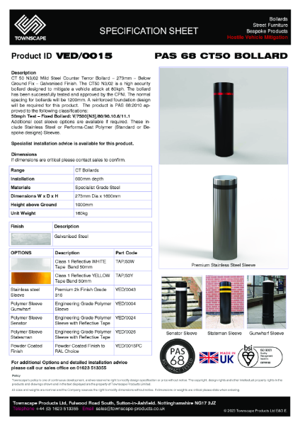 PAS 68 Bollard CT50 Specification sheet VED0015