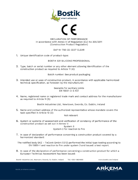 Bostik S31 (Clear) CE Declaration of Performance