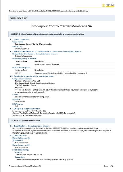 Safety Data Sheet - Pro-Vapour Control/Carrier Membrane SA