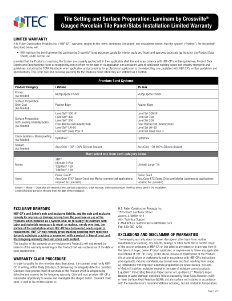 Tile Setting and Surface Preparation: Laminam by Crossville Gauged Porcelain Tile Panel/Slabs Installation Limited Warranty